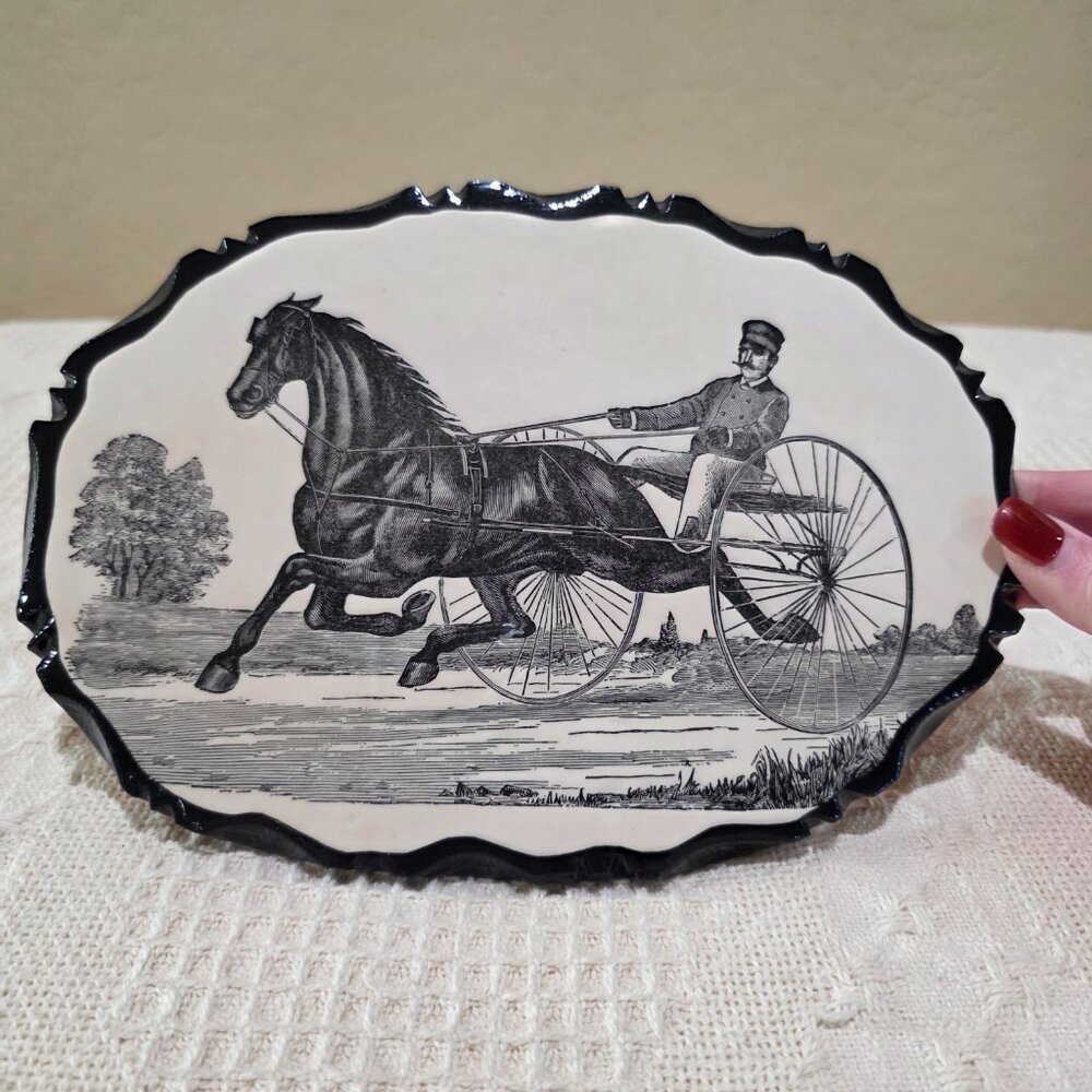 Vintage Victorian Harness Horse Racing Wooden Plaque Picture Pen Ink Lacquered